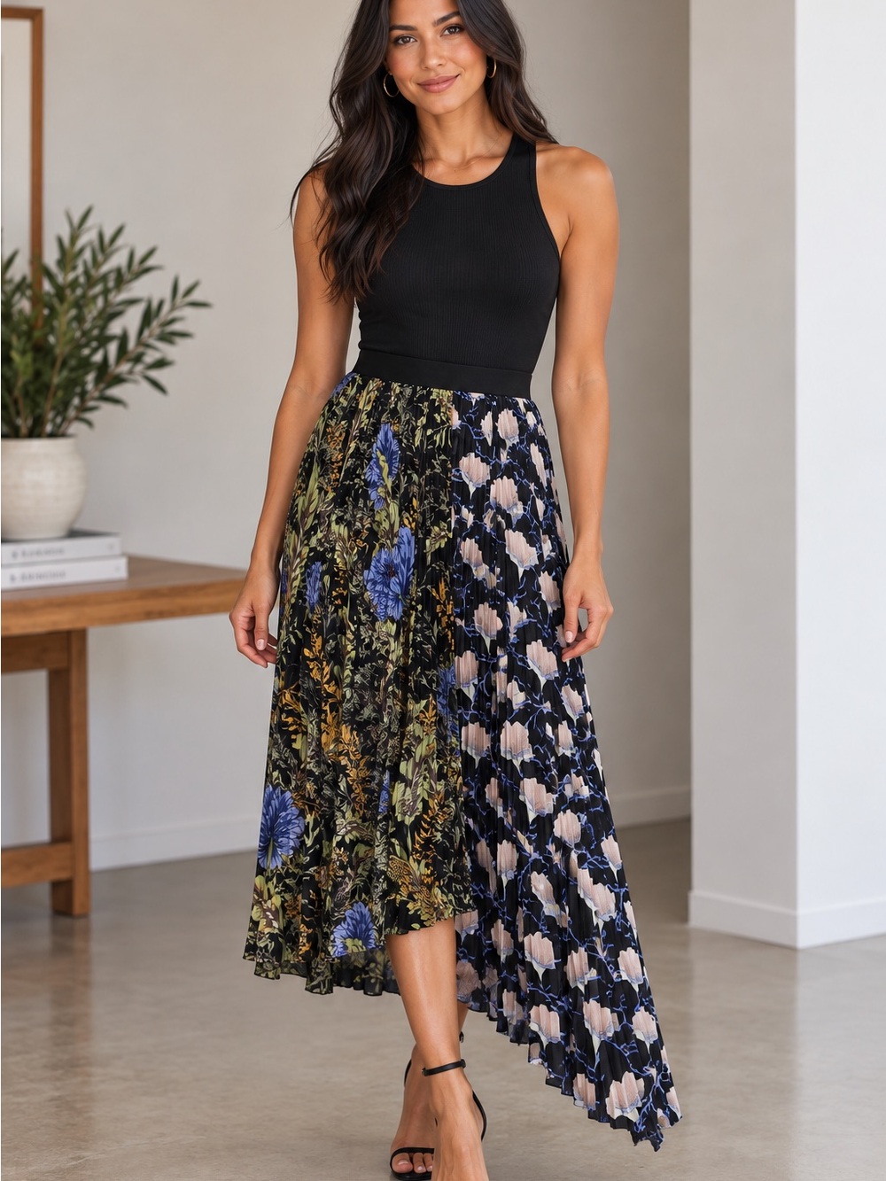 H&M Mixed Floral Pleated Asymmetrical Midi Skirt Size 6